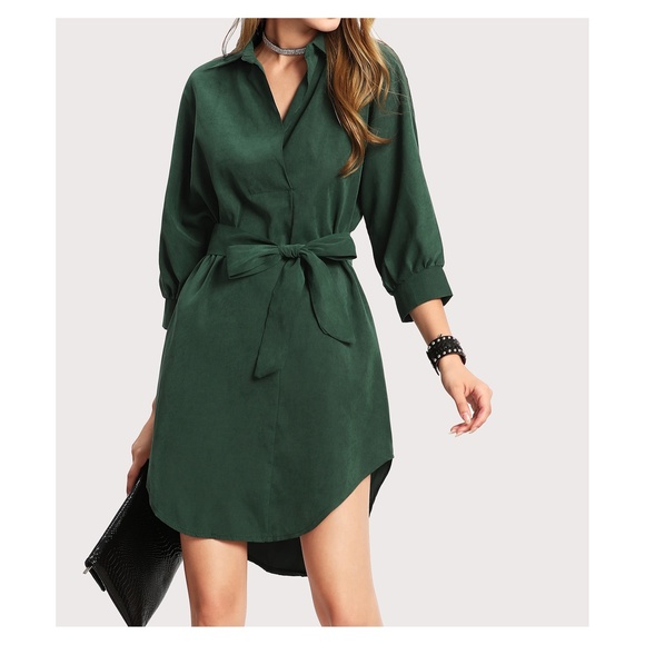 MBM Unlimited Dresses & Skirts - Green 3/4 Sleeve Self Tie Curved Hem Shirt Dress